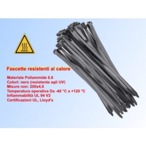 CV20025NEC | Fascette resistenti al calore Da -40 °C a +120 °C, nero 200×2,5 Termoresistenti.
Confezione 100pcs.