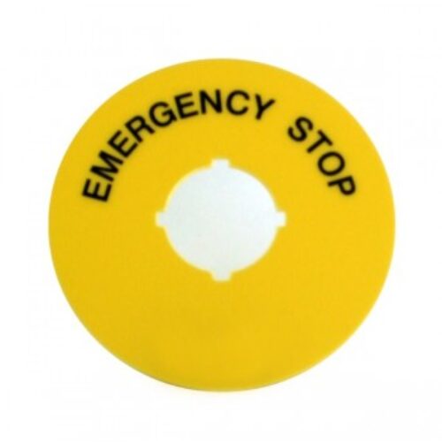 B3-7603-2 | Disco etichetta EMERGENZA STOP  diam. 70mm foro 22mm, giallo.