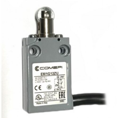 EM1G12ZU | Finecorsa- leva con rotella metallo d.12 – 1NO/+1NC con uscita cavo 90° lc= 1mtl.