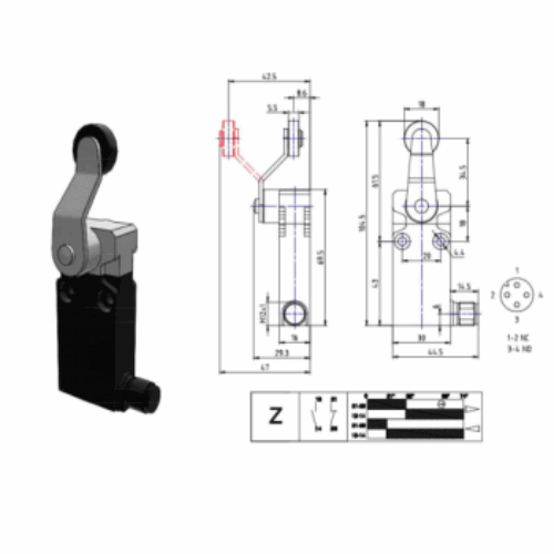 EP1G45ZM | Finecorsa-A leva con rotella in nylon 18mm,   1NO/+1NC con uscita cavo 90° Conn. M12.