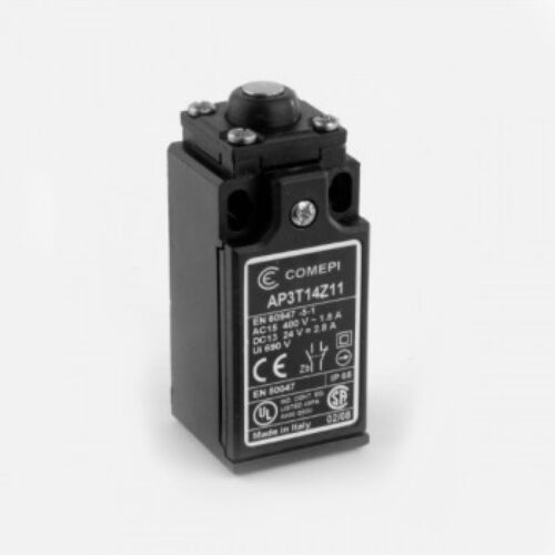 EP2G13ZU |Finecorsa precablato con custodia in materiale termoplastico – Pistoncino con rotella in nylon, IP67, Larghezza  dispositivo 35mm, uscita centrale del collegamento elettrico.Contatti a scatto    (1NO + 1NC) e apertura positiva, — cavo pvc 1 mtl.