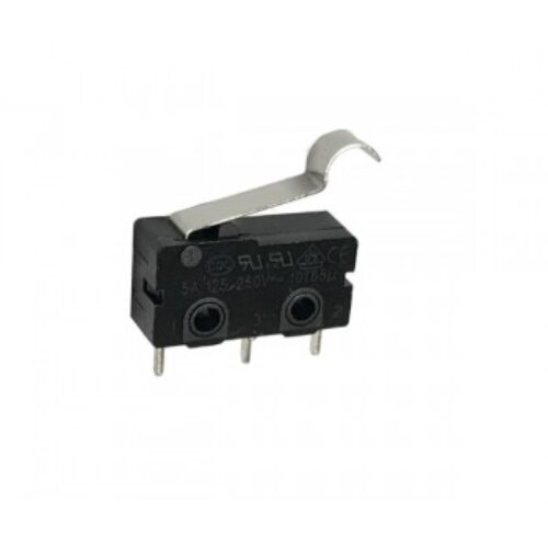 M6401 | Microswich  miniatura 3A 250V, contatti argentati, terminali a saldare, Leva sagomata, Pressione di lavoro 35g.